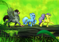 Size: 1800x1291 | Tagged: safe, artist:ali-selle, oc, oc:glacandra, oc:luxor, oc:tulipan, classical hippogriff, hippogriff, unicorn, commission, cute, friendship, hakuna matata, luxorian trio, parody, scene parody, the lion king