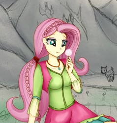 Size: 1280x1342 | Tagged: safe, artist:astevenamedwolf, fluttershy, bird, deer, equestria girls, braid, dandelion, female, flower, folk fluttershy, holding, jewelry, looking at something, necklace, sketched background, smiling, solo