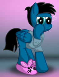 Size: 5036x6600 | Tagged: safe, artist:agkandphotomaker2000, oc, oc:pony video maker, pegasus, pony, bags under eyes, bunny slippers, clothes, looking at you, messy mane, messy tail, shirt, simple background, slippers, t-shirt, woke up like this