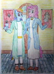 Size: 3040x4160 | Tagged: safe, artist:mildgyth, derpibooru exclusive, derpibooru import, pinkie pie, rainbow dash, anthro, plantigrade anthro, clothes, coat, dress, faravahar, flag, glass, shoes, sugarcube corner, traditional art, ziragshabdarverse