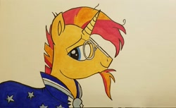 Size: 2048x1252 | Tagged: safe, artist:polar_storm, sunburst, pony, unicorn, blue eyes, cloak, clothes, colored sketch, glasses, male, simple background, smug, solo, stallion, traditional art, white background