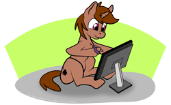 Size: 3900x2400 | Tagged: safe, artist:blazing_beams, derpibooru exclusive, oc, oc only, oc:coffee, pony, unicorn, drawing, male, monitor, simple background, sitting, solo, stallion, transparent background