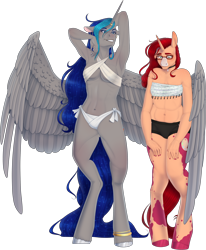 Size: 2240x2715 | Tagged: safe, artist:rubyflank, artist:techno-universal, oc, oc only, oc:ruby flank, oc:techno universal, alicorn, anthro, unguligrade anthro, unicorn, alicorn oc, anthro oc, armpits, bikini, bikini bottom, bocas top, boyshorts, clothes, duo, ear piercing, earring, female, glasses, high res, jewelry, mare, panties, piercing, simple background, swimsuit, transparent background, underwear