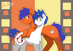 Size: 7015x4960 | Tagged: safe, artist:azulejo, oc, oc:doshy, oc:orangie cake, earth pony, pony, unicorn, cutie mark, friends, hooves, male, smiley face, stallion