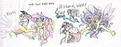 Size: 1024x400 | Tagged: safe, artist:grimmyweirdy, derpibooru import, discord, fluttershy, draconequus, comic:cosmic cosmos, angry, draconequified, flutterequus, fluttershy is not amused, just no, species swap, teleportation, traditional art, unamused, yay