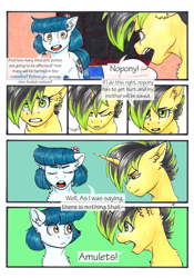 Size: 3336x4776 | Tagged: safe, artist:tillie-tmb, oc, oc only, oc:meadow lark, oc:tempest, earth pony, pony, unicorn, comic:the amulet of shades, female, mare