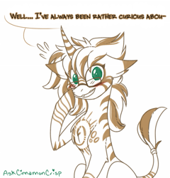 Size: 665x694 | Tagged: safe, alternate version, artist:esmeia, oc, oc only, oc:mkali, pony, zebra, zebracorn, ask, blushing, cute, female, glasses, grin, leonine tail, lineart, mare, rule 63, smiling, solo, talking, unamused