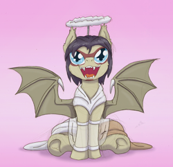 Size: 896x865 | Tagged: safe, artist:ravenpuff, oc, oc:mercury hunterborne, bat pony, pony, angel costume, bat pony oc, bat wings, colt, frog (hoof), gradient background, halo, male, sitting, solo, spread wings, underhoof, wings