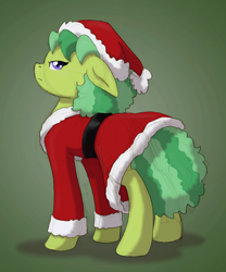 Size: 752x902 | Tagged: safe, artist:ravenpuff, oc, oc:atjour service, earth pony, pony, christmas, clothes, costume, earth pony oc, female, floppy ears, frown, gradient background, hat, holiday, mare, santa costume, santa hat, solo, unamused