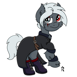 Size: 1280x1291 | Tagged: safe, artist:dawn-designs-art, oc, oc only, oc:steven allen fischer, earth pony, pony, boots, clothes, coat, digital art, gray coat, male, rearing, red eye, scar, shoes, silver eyes, silver mane, simple background, solo, stallion, transparent background