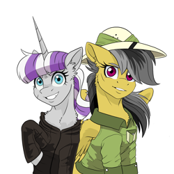 Size: 2048x2048 | Tagged: safe, artist:tillie-tmb, daring do, twilight velvet, pegasus, pony, unicorn, series:daring did tales of an adventurer's companion, clothes, duo, duo female, fanfic art, female, hat, jacket, leather jacket, mare, pith helmet, scar, smiling