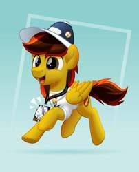 Size: 800x992 | Tagged: safe, artist:jhayarr23, sunburst, oc, oc:ace swift, pegasus, pony, cap, clothes, hat, male, ponycon, shirt, solo, stallion