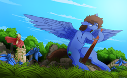 Size: 4500x2771 | Tagged: safe, alternate version, artist:the-minuscule-task, oc, oc only, oc:bizarre song, pegasus, pony, cape, carving, clothes, colored, cutie mark, everfree forest, grass, knife, messy mane, pillar, poison joke, ruins, sitting, sky, solo, spread wings, statue, wings, wood