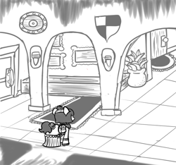 Size: 640x600 | Tagged: safe, artist:ficficponyfic, part of a series, part of a set, oc, oc only, oc:mulberry telltale, cyoa, cyoa:madness in mournthread, door, framm, indoors, monochrome, mystery, pillar, potted plant, rug, shield, story included, tile floor, torch