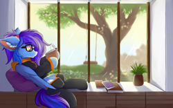 Size: 1920x1200 | Tagged: safe, artist:lunar froxy, oc, oc:angley, pegasus, pony, book, clothes, cozy, cutie mark, ear fluff, glasses, hoodie, lying down, on back, pillow, plant, ponytail, reading, socks, solo, swing, tree, window, wings