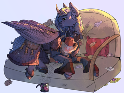 Size: 2362x1772 | Tagged: safe, artist:sourcherry, oc, oc:moonlight grimoire, alicorn, pony, fallout equestria, commission, curved horn, horn, prone, sofa bed, solo