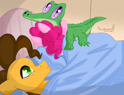 Size: 1764x1346 | Tagged: safe, artist:pineappleartz, derpibooru import, cheese sandwich, gummy, pinkie pie, alligator, earth pony, pony, ah yes me my girlfriend and her x, bed, blanket, cheesepie, female, male, mare, meme, shipping, stallion, straight, sweat