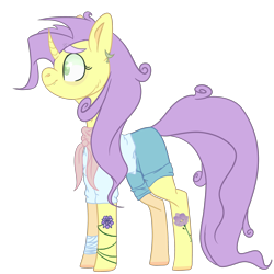 Size: 2500x2500 | Tagged: safe, artist:bublebee123, sunshine petals, pony, unicorn, alternate hairstyle, bandage, clothes, commission, curved horn, ear piercing, earring, female, horn, icey-verse, jewelry, mare, piercing, redesign, scarf, shirt, shorts, simple background, snake bites, solo, t-shirt, tattoo, transparent background