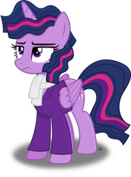 Size: 1992x2696 | Tagged: safe, artist:anime-equestria, derpibooru import, twilight sparkle, alicorn, alternate hairstyle, clothes, female, frown, horn, mare, scarf, simple background, solo, suit, transparent background, vector, wings