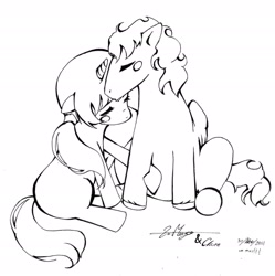 Size: 2235x2243 | Tagged: safe, artist:la-monge, oc, oc only, pony, unicorn, black and white, blush sticker, blushing, cute, grayscale, monochrome, nuzzling