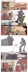 Size: 1800x4608 | Tagged: safe, artist:saturdaymorningproj, derpibooru import, pinkie pie, oc, oc:deel warmaster, oc:maestro, anthro, cat, donkey, earth pony, pony, comic:maestro's sculpting career, censored, clothes, coat, comic, craft, sculpture, speech bubble