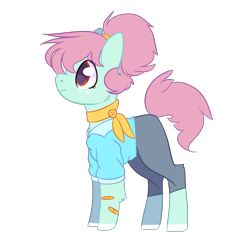 Size: 2500x2500 | Tagged: safe, artist:bublebee123, oc, oc only, oc:tulip seed, earth pony, pony, alternate hairstyle, bandaid, clothes, coat markings, commission, female, freckles, icey-verse, jeans, magical lesbian spawn, mare, offspring, older, pants, parent:bluebonnet, parent:sunshine petals, parents:sunbonnet, redesign, scarf, shirt, simple background, solo, transparent background