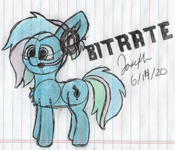 Size: 2333x2000 | Tagged: safe, artist:mlplayer dudez, oc, oc only, oc:bit rate, earth pony, pony, chest fluff, colored, cute, ear fluff, happy, headphones, headset, leg fluff, mascot, ponyfest, ponyfest online, signature, sketch, smiling, solo, traditional art