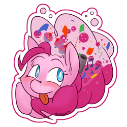 Size: 850x850 | Tagged: safe, artist:thattagen, derpibooru import, pinkie pie, earth pony, pony, female, mare, simple background, smiley face, solo, sticker, tongue out, transparent background