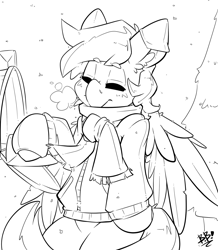 Size: 1743x2000 | Tagged: safe, artist:bbsartboutique, oc, oc:crisom chin, pegasus, pony, black and white, clothes, earmuffs, gloves, grayscale, mail, mailbox, monochrome, patreon, patreon reward, scarf, sketch, snow, solo, sweater, tree, wings