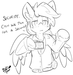 Size: 1778x1847 | Tagged: safe, artist:bbsartboutique, oc, oc:crisom chin, pegasus, pony, semi-anthro, badge, belt, black and white, clothes, grayscale, male, monochrome, patreon, patreon reward, radio, security guard, shirt, sketch, solo, stallion, uniform, wings