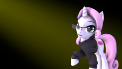 Size: 886x498 | Tagged: safe, artist:melbournesfm, sweetie belle, pony, unicorn, growing up is hard to do, 3d, clothes, female, glasses, gradient background, looking at you, mare, simple background, solo, source filmmaker