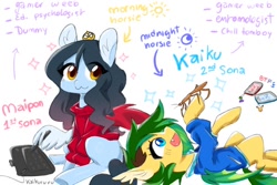 Size: 680x453 | Tagged: safe, artist:kaikururu, oc, oc only, oc:kaikururu, oc:maipon, bat pony, mantis, pegasus, pony, bat pony oc, bat wings, clothes, digital art, duo, female, mare, reference sheet, sweater, text, wings