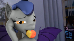 Size: 1200x663 | Tagged: safe, artist:batponyecho, oc, oc only, oc:echo, bat pony, pony, 3d, bat pony oc, bat wings, biting, fangs, female, food, mango, mare, meme, sfm pony, solo, source filmmaker, spread wings, wings