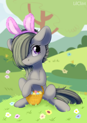 Size: 3000x4230 | Tagged: safe, artist:lilclim, marble pie, earth pony, pony, basket, bunny ears, cute, easter, easter basket, female, flower, grass, hair over one eye, high res, holiday, marblebetes, mare, sitting, solo