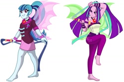 Size: 1292x857 | Tagged: safe, artist:limedazzle, edit, editor:thomasfan45, aria blaze, sonata dusk, human, equestria girls, alecto, ariabetes, bare shoulders, barefoot, clothes, crossover, cute, disguise, disguised siren, duo, facial tattoo, feet, fin wings, furies, gem, hades (game), legs, megaera, simple background, siren gem, skirt, sleeveless, smiling, sonatabetes, strapless, vector, whip, white background, wings