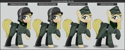 Size: 1280x512 | Tagged: safe, artist:brony-works, oc, oc only, earth pony, pony, boots, clothes, earth pony oc, eyelashes, female, hat, helmet, mare, nazi germany, nazipone, raised hoof, reference sheet, schutzstaffel, shoes, smiling, solo, uniform, waffen-ss, world war ii