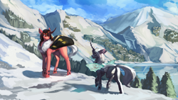 Size: 2560x1440 | Tagged: safe, artist:nsilverdraws, oc, oc only, oc:red flux, changeling, moth, mothling, original species, changeling oc, duo, eye contact, lake, looking at each other, looking at someone, mountain, red changeling, scenery, scenery porn, smiling, snow, tree, white changeling