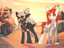 Size: 1142x856 | Tagged: safe, artist:dodo, oc, oc:blink(foe), oc:wings(foe), pegasus, fallout equestria, armor, clothes, dashite, doctor, female, foe adventures, horn, jewelry, lab coat, mare, necklace, raider, skull, stable door, wasteland, ych result