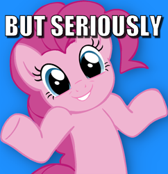 Size: 826x855 | Tagged: safe, derpibooru import, pinkie pie, earth pony, pony, caption, image macro, shrug, text