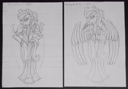 Size: 4528x3168 | Tagged: safe, artist:supra80, oc, oc:cold front, anthro, pegasus, unguligrade anthro, anthro oc, black and white, clothes, crossdressing, dress, femboy, grayscale, hand on hip, looking back, looking over shoulder, male, monochrome, sketch, sketch dump, traditional art, wedding dress, wings