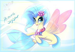 Size: 1404x985 | Tagged: safe, artist:bloody-pink, princess skystar, seapony (g4), my little pony: the movie, blue eyes, cute, eyelashes, female, fin wings, fins, fish tail, flower, flower in hair, freckles, jewelry, logo, looking at you, necklace, open mouth, pearl necklace, skyabetes, smiling, solo, wings