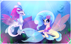 Size: 1920x1200 | Tagged: safe, artist:bloody-pink, princess skystar, queen novo, dolphin, seapony (g4), my little pony: the movie, blue eyes, bubble, colored pupils, coral, crepuscular rays, crown, cute, female, fin wings, fins, flower, flower in hair, flowing mane, freckles, jewelry, mother and child, mother and daughter, necklace, novobetes, open mouth, parent and child, pearl necklace, queen, regalia, skyabetes, smiling, sunlight, underwater, water, wings