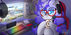Size: 2000x1000 | Tagged: safe, artist:anxioussartist, oc, oc only, oc:cinnabyte, earth pony, pony, chair, cinnamon, cinnamon bun, computer, food, gaming chair, gaming headset, gaming pc, headphones, headset, keyboard, nintendo switch, poster, switch