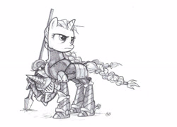 Size: 2577x1846 | Tagged: safe, artist:wisdom-thumbs, oc, oc only, oc:tilter gallant, pony, unicorn, armor, braided tail, female, grayscale, helmet, knight, mare, monochrome, pencil drawing, plate armor, spear, spurs, traditional art, weapon