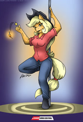 Size: 818x1200 | Tagged: safe, artist:kaemantis, derpibooru import, applejack, anthro, earth pony, pony, unguligrade anthro, applerack, black lipstick, boots, breasts, clothes, commission, cowboy hat, cowgirl, female, fire, fireproof boots, fireproof hat, freckles, gasoline, hat, lipstick, looking at you, matches, pole dancing, raised leg, sexy, shoes, signature, solo, stetson, stripper pole, stupid sexy applejack, this will end in fire