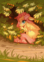 Size: 2894x4093 | Tagged: safe, artist:shore2020, derpibooru import, fluttershy, butterfly, pegasus, pony, bush, cute, female, floppy ears, folded wings, hiding, high res, leaf, looking at you, looking back, looking back at you, mare, outdoors, plant, shy, shyabetes, solo, wings