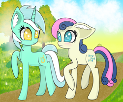 Size: 1024x842 | Tagged: safe, artist:windy-pony, bon bon, lyra heartstrings, sweetie drops, earth pony, pony, unicorn, duo, female, fog, lesbian, lyrabon, mare, morning, shipping, tree, walking