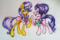Size: 3478x2304 | Tagged: safe, artist:mysteriousshine, jet set, spoiled rich, earth pony, pony, unicorn, clothes, duo, female, jewelry, laughing, makeup, mare, messy mane, necklace, open mouth, pearl necklace, traditional art, underwear