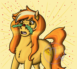 Size: 1778x1600 | Tagged: safe, artist:azurllinate, oc, oc only, oc:cheesy bite, earth pony, pony, brown eyes, chest fluff, cute, earth pony oc, female, freckles, gift art, holly, long mane, long tail, multicolored mane, multicolored tail, open mouth, pizza cutie mark, simple background, solo, surprised