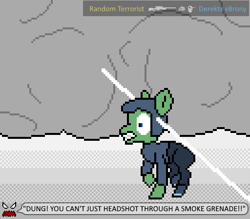 Size: 512x448 | Tagged: safe, artist:derek the metagamer, oc, oc:derek the metagamer, earth pony, pony, aseprite, bust, counter-strike, counter-strike: global offensive, dialogue, gun, male, pixel art, portrait, rifle, smoke, smokebomb, sniper, sniper rifle, video game, weapon